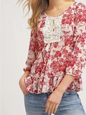 Denim & Supply Ralph Lauren Red Floral Peasant Blouse with Crochet Yoke